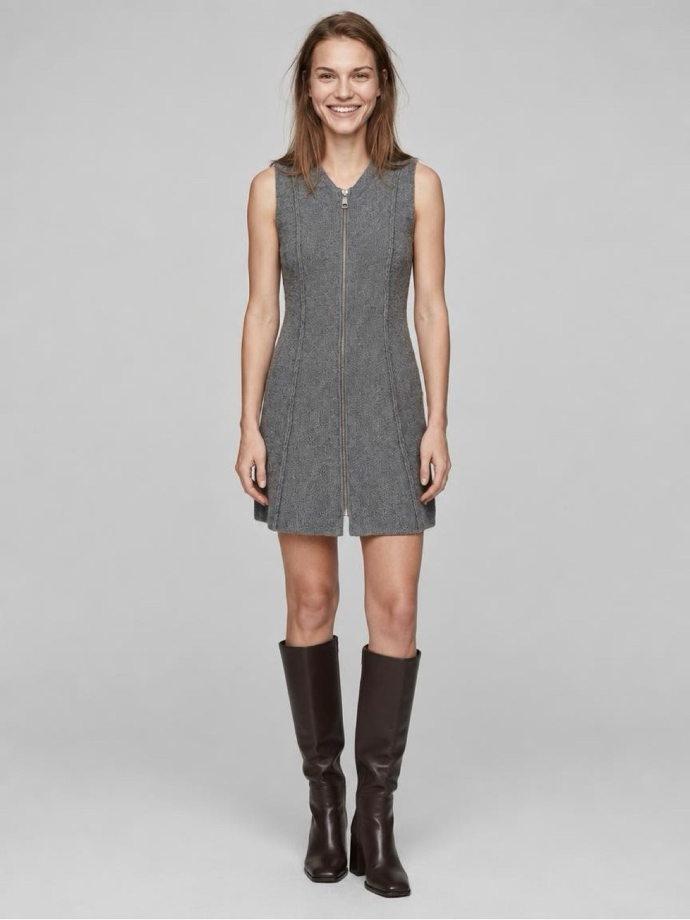 Zara Grey Sleeveless Zip-Front Knit Dress